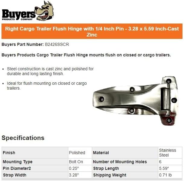 Buyers Products Cargo Trailer Flush Hinge - 3.28 x 5.59 Inch, Cast Zinc, Polished, Modern Style