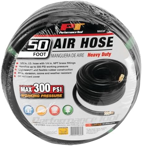 Performance Tool M603P 3/8 in. x 50 ft. Rubber Air Compressor Hose | 1/4-inch NPT fittings. Handles up to 300 PSI. Flexible, lightweight shop air hose is kink and weather resistant