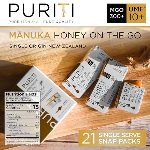 PURITI Genuine Raw Manuka Honey Snaps On The Go - UMF 10+ (MGO300+) 21 x 0.18oz Individual Snap Packets, Single Serve Honey Sticks for Tea