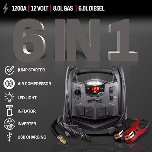 Schumacher Electric 1200A Car Battery Jump Starter and Portable Power Station, 6-in-1 Solution for 12V Batteries, 150-PSI Air Compressor