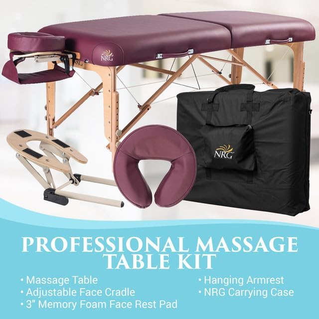 NRG Vedalux Portable Massage Table Package | Burgundy | Folding Lightweight Massage Bed | Professional Spa Table with Face Cradle, Hanging Armrest & Carrying Case