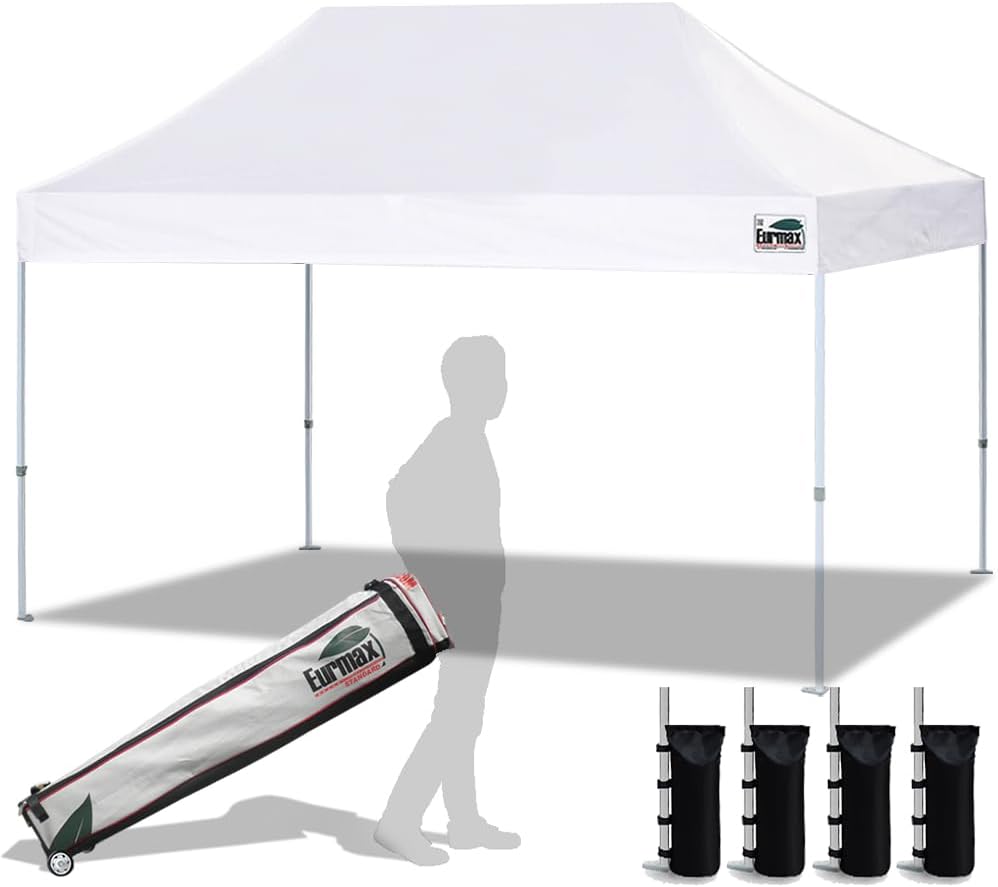 Eurmax USA 10x10ft Pop Up Canopy,Commercial Instant Tent for Outdoor Events,Patented No-Tip Rolling Storage Bag with 4 Sandbags,UV & Water Resistant,Heavy Duty Portable Shelter Gazebo,Black