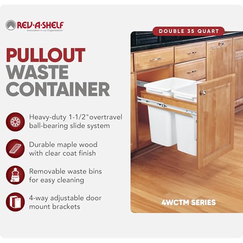 Rev-A-Shelf Top Mount Double Pullout Under Cabinet 35 Quart Kitchen Trash Cans, 150 Pound Rated Full-Extension Slides, 4WCTM-18DM2-419-FL