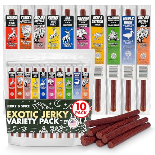 Jerky-n-Spice Wild Game Exotic Meat Sticks (10-Pack) | Ultimate Beef Jerky | Savory Snacks Variety Pack for Adults | Perfect Gifts for Anniversary, Camping, Hunting & Birthday Events