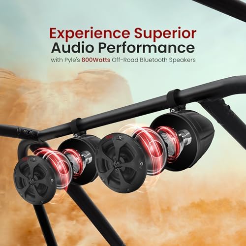 Pyle 4" Off-Road Bluetooth Waterproof Speakers -800W Peak Power Amplified Speaker System for ATV / UTV, Golf Cart, Boat, Aux Input Jack
