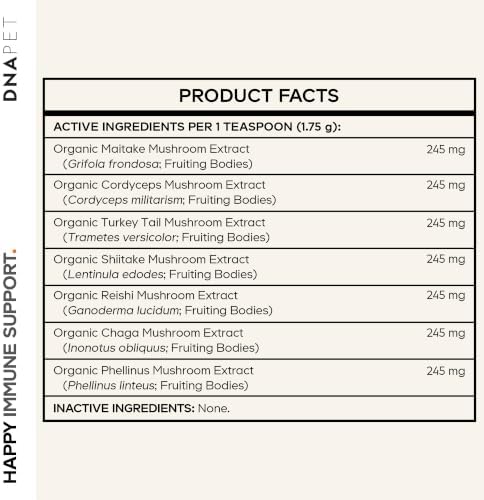 DNA PET Happy Immune Support Mushroom Powder for Dogs, 7 Mushrooms, 3.5 oz