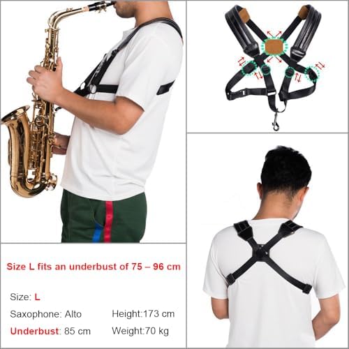 Rayzm Sax Strap,Universal Double Shoulder Leather Strap for Sax,Adjustable Padded Harness Strap for Alto Tenor Baritone Sax