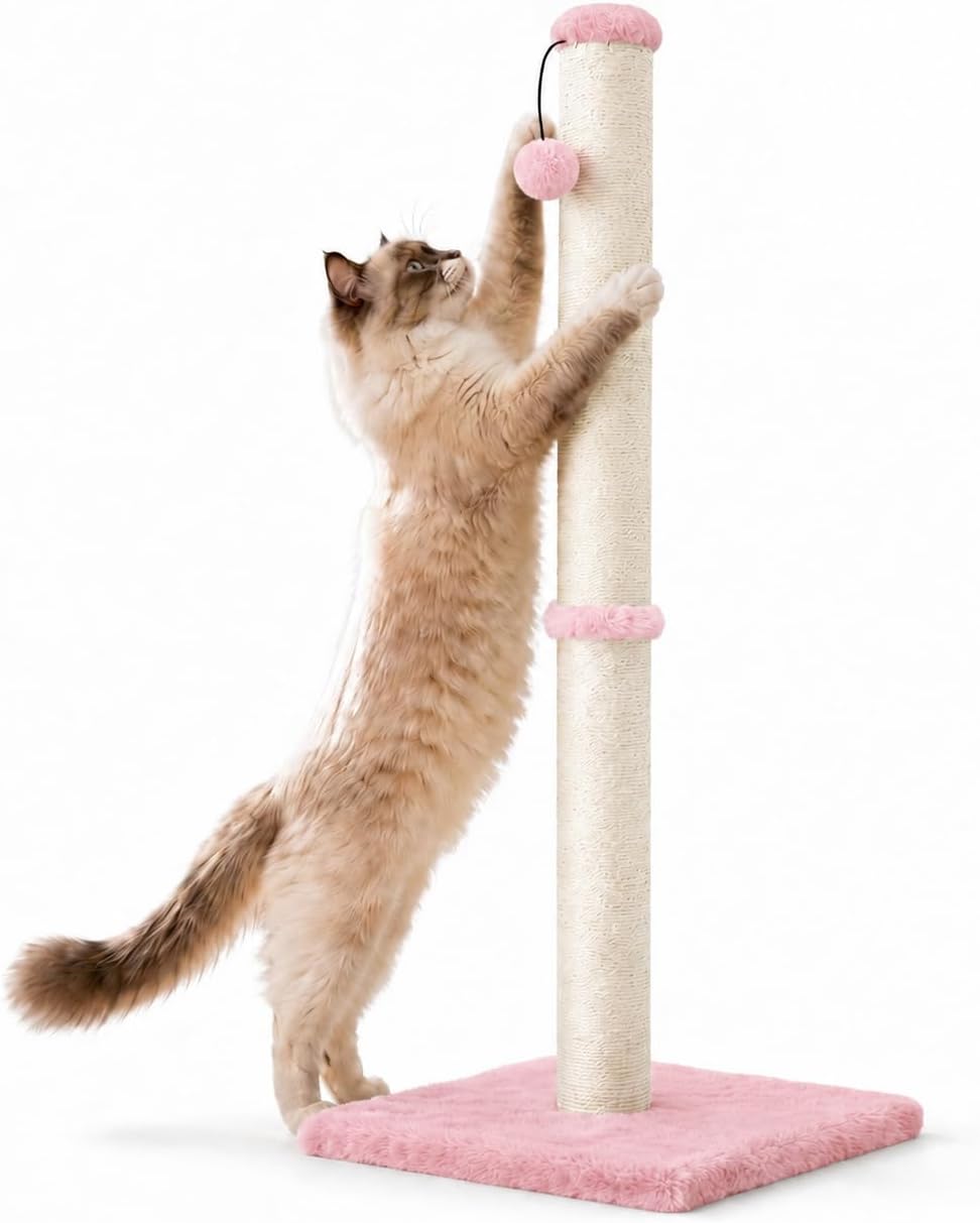 Dimaka 29" Height Tall Cat Scratching Post, Claw Scratcher with Sisal Rope and Covered with Soft Smooth Plush, Vertical Scratch [Full Strectch] for Standard Size Cats(Grey, 29 inches for All Cats)