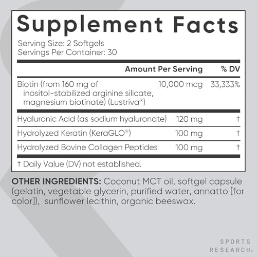 Sports Research® Biotin 10,000mcg w/Coconut Oil, 120 Count Plantgels™ | Max Strength Vegan Biotin (Vitamin B7) for Healthy Skin and Hair Support | Non-GMO, Gluten & Soy-Free, 120 Servings