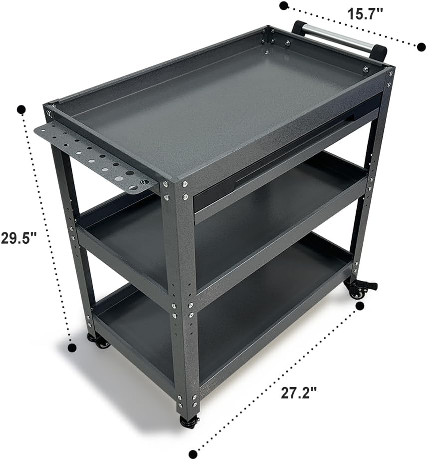 Metal 3 Tier Rolling Tool Cart with Drawer, Steel Utility Cart on Wheels, for Warehouse Garage Workshop