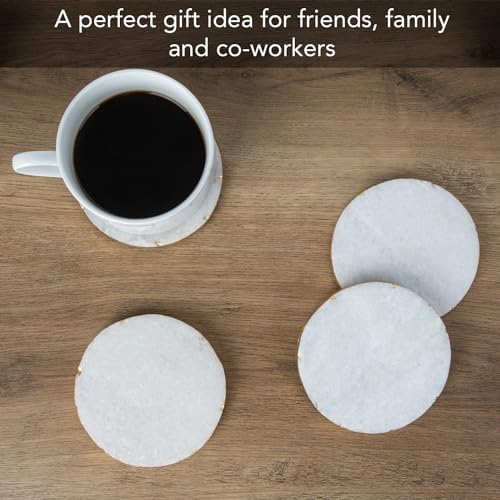Thirstystone 4 Pack Round Natural White Marble Coasters 4" Diameter | Gold Edges, Elegant, Luxurious, Stemware Safe