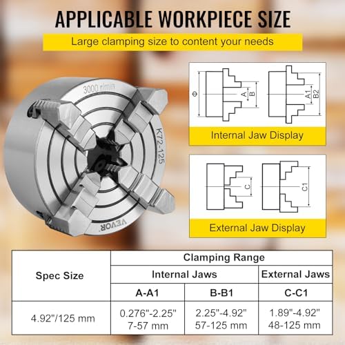 Vevor K72-125 Lathe Chuck 5 Inch 4-Jaw, Lathe Chuck Independent Reversible Jaw, Metal Lathe Chuck Turning Machine Accessories