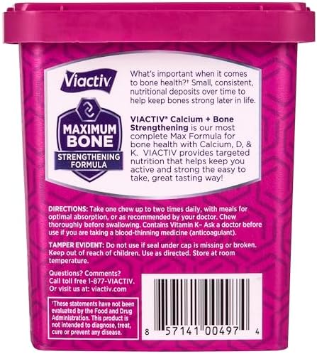Viactiv Calcium + Vitamin D Supplement Soft Chews for Women & Men - Chewable Calcium for Bone Health Support, 650 mg per Serving, Vitamin D & K for High Absorption - 60 Count, Caramel