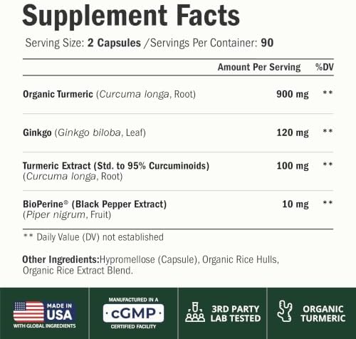Ginko Biloba Capsules with Ginkgo Biloba 120mg & Organic Turmeric for Joint Support, Focus and Brain Health – Gingo Biloba Supplement with Black Pepper (Bioperine) for Max Absorption – 60 Count
