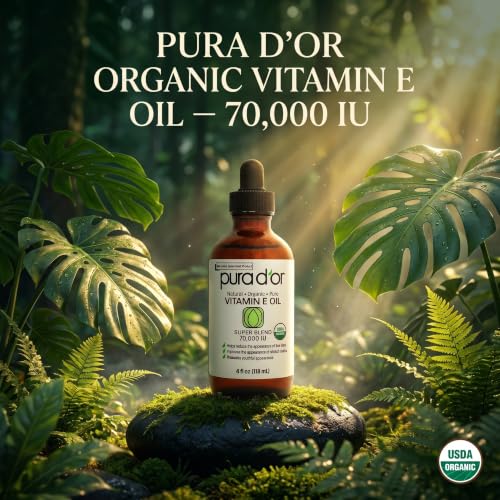 PURA D'OR Vitamin E Oil Botanical Blend, 4 fl oz | Ultra-Nourishing Hydration, USDA Certified, Jojoba, Argan, Almond, Avocado, Body Massage, Cuticles