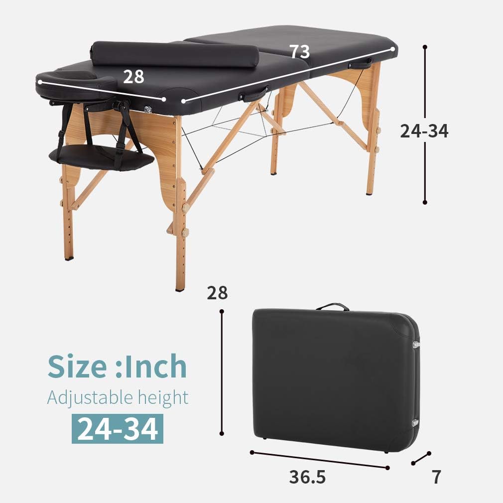 BestMassage | Portable Massage Table | 24" Wide, Black PU Leather | Lightweight, 2-Fold Massage Table with Height Adjustment, 450lbs Capacity, Carry Bag | For Massage, Facial, Tattoo, Home, Spa