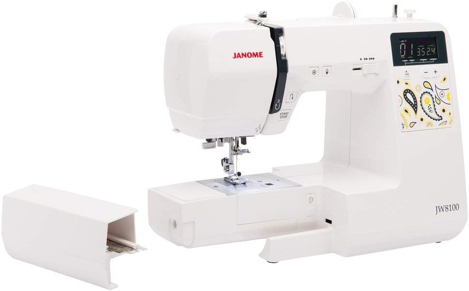 Janome JW8100 Fully-Featured Computerized Sewing Machine with 100 Stitches, 7 Buttonholes, Hard Cover, Extension Table and 22 Accessories