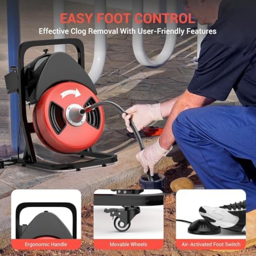 100Ft 3/4 Inch Drain Cleaning Machine. Sewer Snake 750w Auto Feed | Portable Drain Cleaning Machine Electric Drain Auger Sewer Auger with 6 Cutter Air-Activated Foot Switch for 4" to 8" Pipes
