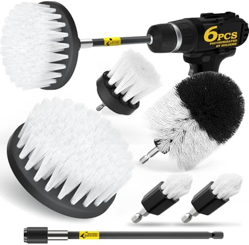 Holikme 6Pc Drill Brush Set - Soft Bristles with Extension for Home Clean | 5 Head Sizes, Yellow Nylon Fibers, Power Scrubber Attachments for Tile, Tub, Shower, Floors, Kitchen and Auto Interior Care