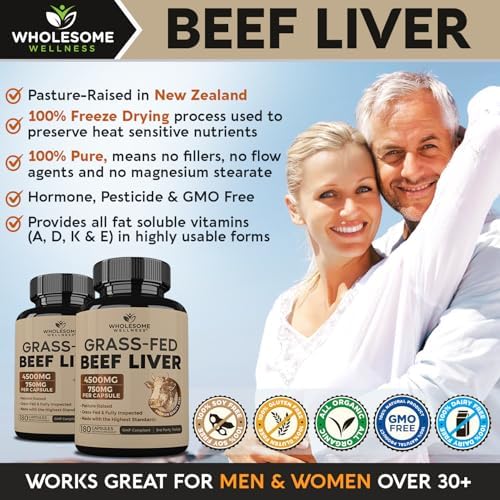 Wholesome Wellness Grass Fed Desiccated Beef Liver Capsules (180 Pills, 750mg Each) - Natural Iron, Vitamin A