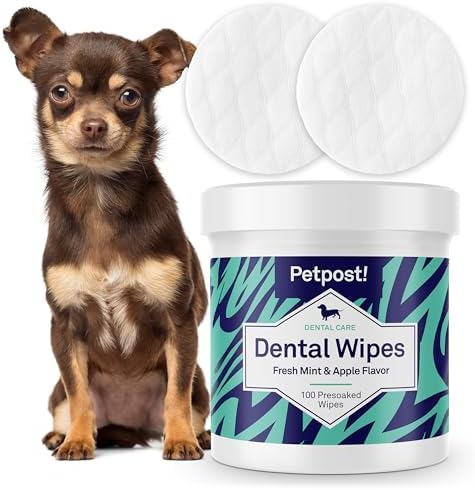 Petpost Dental Wipes for Dogs | 100 Count Presoaked Pads in Natural Tooth Cleaning Solution | Bad Breath and Tooth Buildup Remover