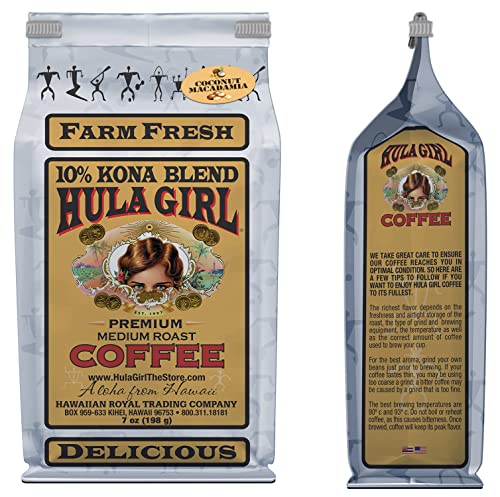 Hula Girl 10% Kona Ground Coffee, Grown in Hawaii, Hand Picked, Sun Dried, Fresh Roasted and Packed in Hawaii for 30 years, 7 Ounce
