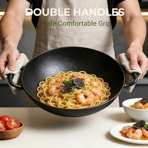 Flat Bottom Cast Iron Wok with Lid 14 Inch,Pre-Seasoned Non Toxic Cast Iron Kadai,Chinese Japanese Wok double handle for Induction and Open Fire