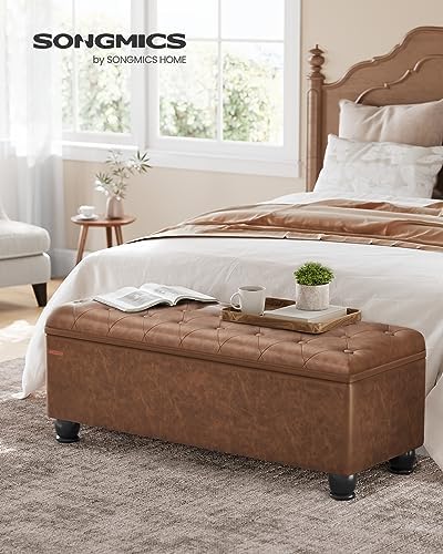 SONGMICS Storage Ottoman, 46.5 Inches Bedroom Bench, Solid Wood Legs
