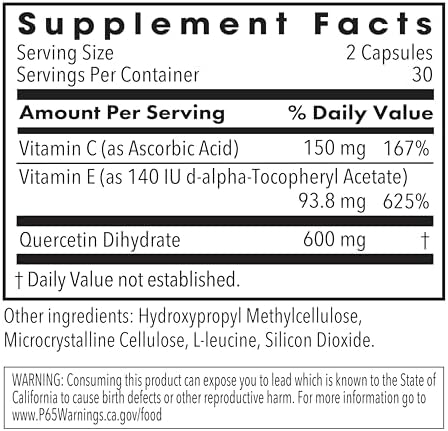 ARG Quercetin 300 - Supports Mast Cell and Histamine Response - Includes Vitamin C - Delivers 300 mg Quercetin Per Capsule - Vegetarian &