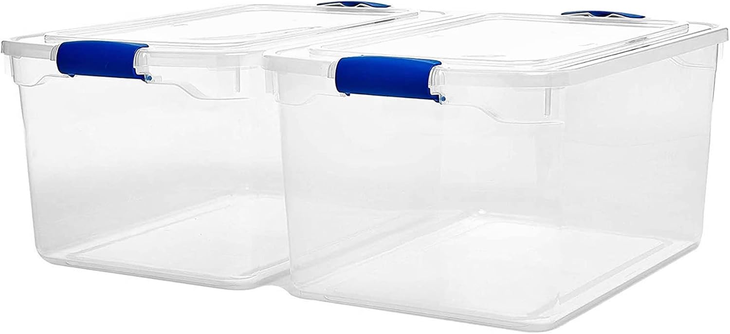 HOMZ Clear Plastic Storage Bins with Latching Lid, 15.5 Qt, Blue, 4 Pack | Stackable Container Set for Home, Office Shelves, Kitchen, Garage, and Bathroom Organization