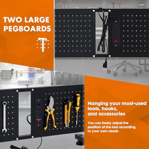 48" Adjustable Workbench, Work Table with Wheels and Power Outlet | 2000LBS Load Capacity Rubber Wood Top Workstation, Heavy-Duty Craft Table for Garage Workshop