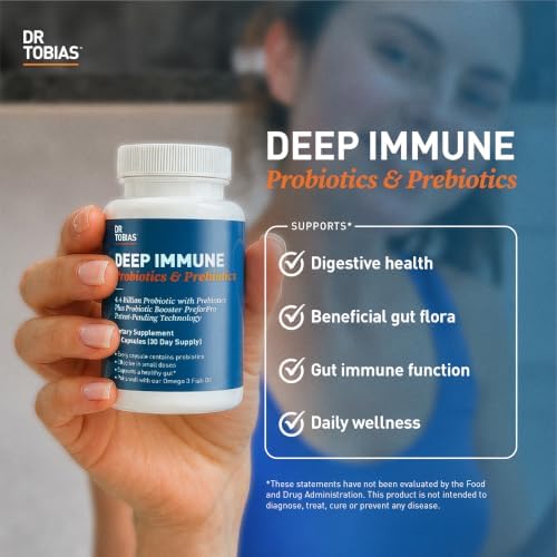 Dr. Tobias Deep Immune Probiotic + Prebiotic 60 Capsules | Gut Health | Dual Action Gut & Immune Support | DE111 Spore Forming Probiotics + PreforPro | Targeted Release | Shelf Stable | 30 Servings
