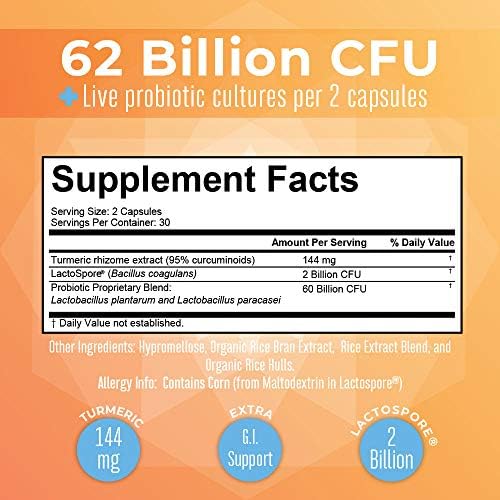 MARYRUTH'S Probiotic Turmeric Curcumin + Extra GI Support, Vegan, 60 Count | 62 Billion CFU, Organic Ingredients Turmeric Complex with Probiotics