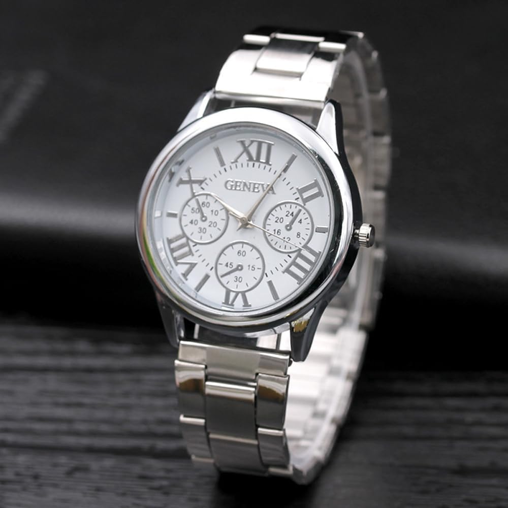 Women Girls Wholesale 2 Pack Watch Set Roman Numerals Dial with 3 Decorated Small Sub-dials Men Business Stainless Steel Quartz Analog Wrist Watches