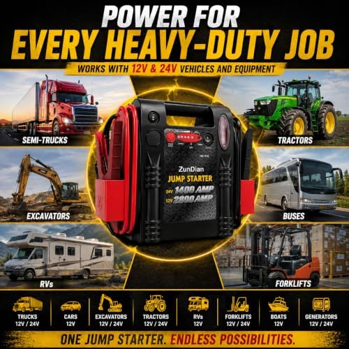 12V/24V Jump Starter - ZunDian 2800/1400 Amp Heavy Duty Battery Booster Pack, Portable Emergency Power for Cars, Trucks, SUVs, Tractors