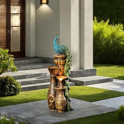 LuxenHome 44" Peacock Outdoor Water Fountain with Lights, Garden Waterfall