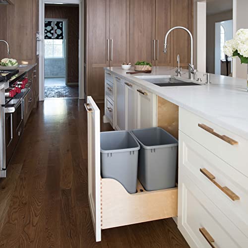 Rev-A-Shelf Pullout Trash Cans for Kitchen Cabinet, Dual 35 Qt Bins with 15" Wood Frame - Large Garbage Bin Containers for Home Waste Storage and Recycling | w/ Soft Close, Under Cabinet Waste/ Recycling Bin, Maple Wood Bottom Mount w/Full Extension Ball…
