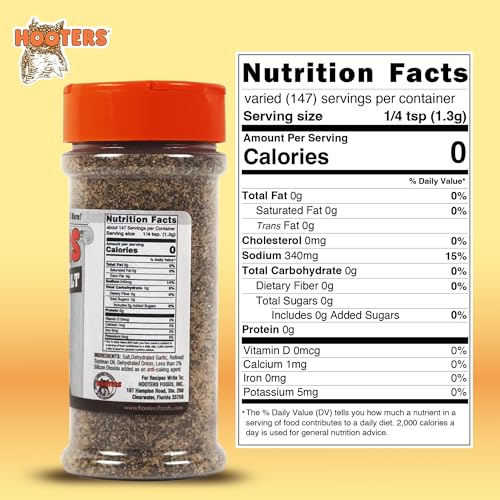 The Original Hooters Seasoning Salt - Onion & Garlic Flavored All Purpose Blend for Meat, Fries, Burger, Seafood, Beef, Salad, Chicken Seasoning - 147 Servings - 6.5 oz
