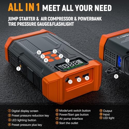 [2026NEW Model] 5000A Jump Starter with Air Compressor,Car Jumper Starter Portable with 150PSI Tire Inflator 12V Jump Box with LCD Display,Flashlight,Storage Case (Up 9L Gas/8L Diesel Engine