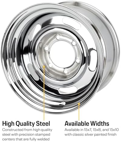 Speedway Motors 15 Inch GM Rally Truck Wheel, 6 on 5.5 Inch Bolt Pattern, Silver Painted Steel Rim, 8 Inch Width, Classic 5-Slot Design