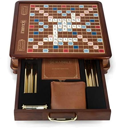 WS Game Company Scrabble Luxury Edition Rotating Wooden Board Game Set | Classic Word Game, Luxurious Wood Cabinet, Rotating Game Board