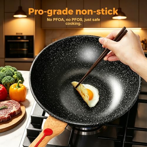 ITSMILLERS Nonstick Wok Aluminium Die-casting Chinese Wok, Scratch Resistant With Lid and Spatula, PFOA-Free, Dishwasher Safe & Induction Bottom