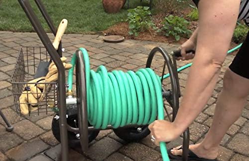 Liberty Garden Residential Grade Four Wheel 250 Foot Capacity Steel Frame Water Hose Reel Cart with Basket for Backyard, Garden, or Home, Brown
