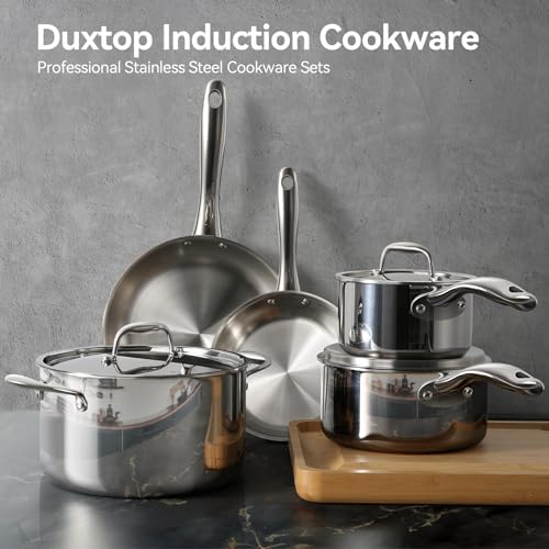 Duxtop Tri-Ply Stainless Steel Induction Cookware, 9PC Pots and Pans Set | Whole Clad 3-Layer Steel, Family Cookware Set, Even Heating