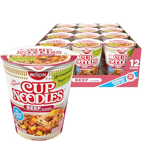 Nissin Cup Noodles Soup, Beef Flavor, Microwaveable Paper Cups, Instant Ramen, 2.25 Ounce (Pack of 12) | Instant Ramen Noodle Soup