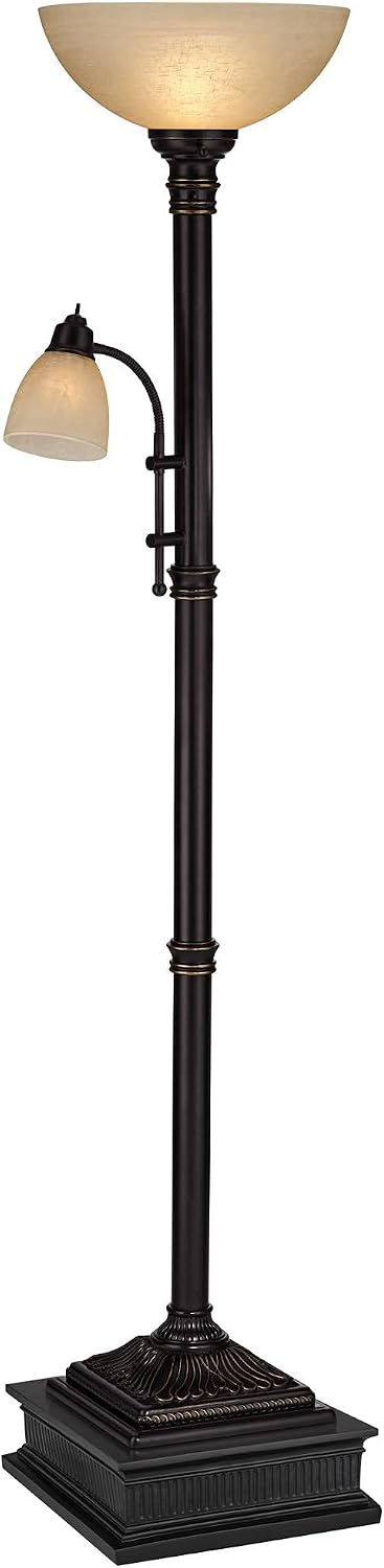 Regency Hill Garver 72 1/2" Tall Bronze Side Light Torchiere Floor Lamp | Traditional 2-Light Adjustable Gooseneck Arm 5 Oiled Rubbed Amber Glass Shades for Living Room Reading House Bedroom Home