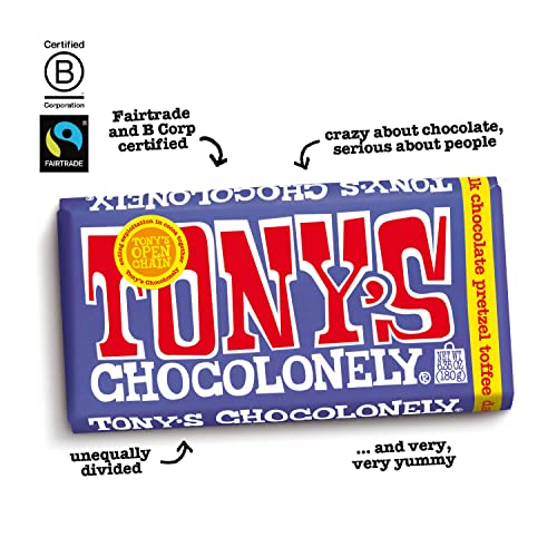 Tony's Chocolonely 42% Dark Milk Chocolate Bar with Pretzel & Toffee - Dark Milk Chocolate, Pretzel & Toffee Chunks, Belgium Chocolate