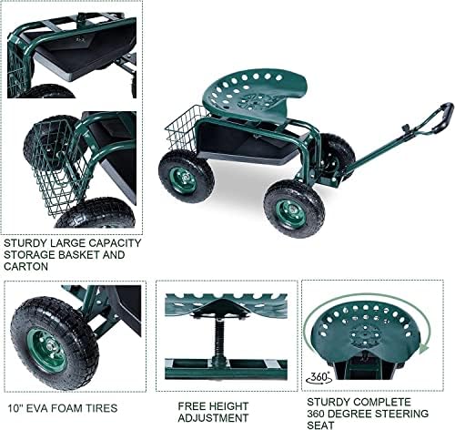 Steerable Garden Stool Cart with Tool Tray and Storage Basket on Wheels Rolling Work Seat Heavy Duty Scooter with Extendable Steer Handle Green