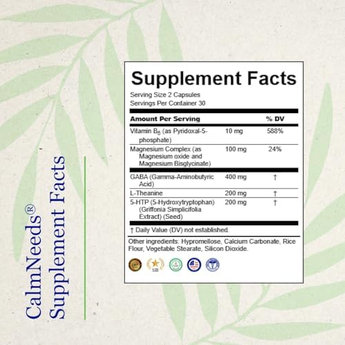 Neuro Needs CalmNeeds® Promote Calm and Positive Mood - Formula Contains Vitamins B6, Magnesium, L-theanine, 5-HTP, and GABA, 60 Veggie Capsules