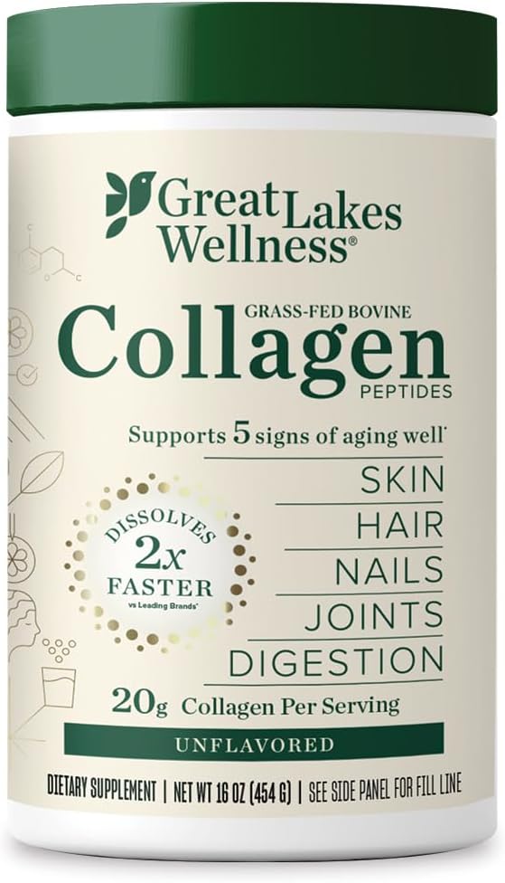 Great Lakes Wellness Collagen Peptides Powder – Supports Skin, Hair, Nails, Joints & Digestion – Hydrolyzed, Non-GMO, Keto & Kosher – Pure Collagen Protein (16 oz, 22 Servings) Packaging may vary